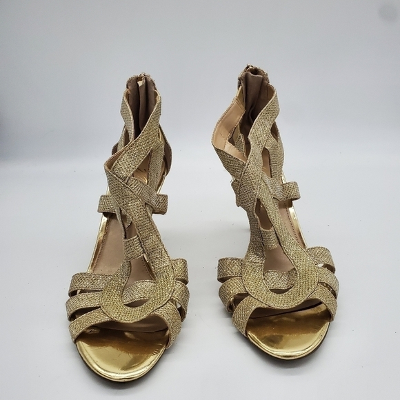 Marc Fisher Nala Leather Gold Shimmer Strappy Metallic Zip Heels Women's 8M - Picture 4 of 15
